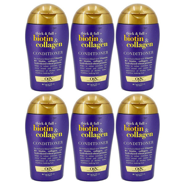 Six bottles of OGX Thick & Full + Biotin & Collagen Conditioner, 3 oz each (6 pack), are arranged in two rows of three. Brand: OGX.
